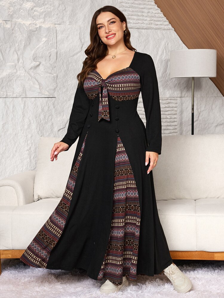 Lacomfia Women's Elegant Square Neck Pattern Patchwork Double-Breasted Button Decor Cinched Waist Plus Size Long Sleeve Dress - Black - View 4