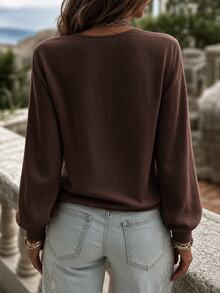 SHEIN Holidaya Women's French Style Light Pink Printed Round Neck Long Sleeve Cuffed Loose Casual Sweatshirt - Brown - View 2