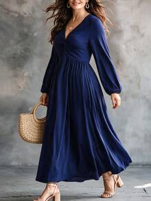 Linhara CURVE Plus Size Women's Autumn/Winter V-Neck Dress, Casual Vacation Style, Suitable For Daily Wear, Vacation, Leisure Outings Fall - Navy Blue - View 4
