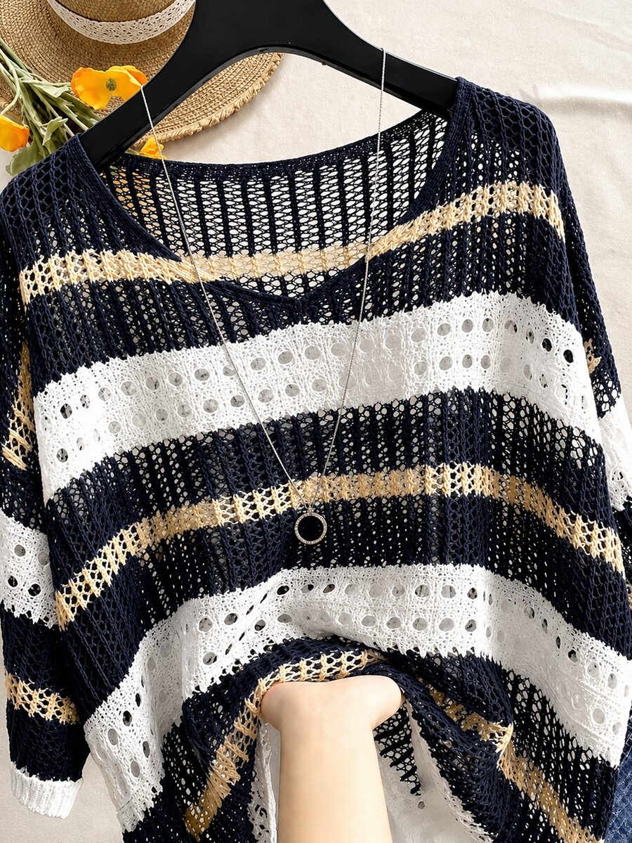 EMERY ROSE Plus-Size Women's Spring/Summer Casual Wear: Simple, Versatile, And Fresh Style. Features Contrasting Colors, Stripes, Cutouts, And Crochet Details. A Loose-Fitting, Round-Neck Plus-Size Knit Top Perfect For Spring And Summer. - Navy Blue - View 1
