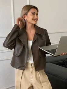 Livesso Women's Solid Color Fashion Minimalist Jacket - Brown - View 7