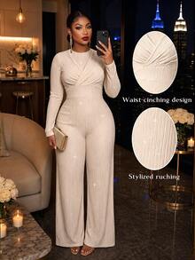 SOLERSUN Plus Size Women's Autumn/Winter Casual Commute Party Textured Elastic Sequin Fabric Round Neck Long Sleeve Ruched Wide Leg Jumpsuit Fall - Apricot - View 1