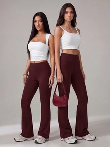 SHEIN PETITE بنطلون طويل نسائي بلون موحد كاجوال متعدد الاستخدامات للارتداء اليومي - عنابي اللون - مشاهدة 7