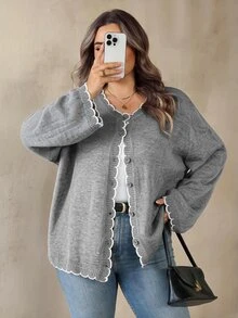 SHEIN CURVE+ 大尺碼女款拼色休閒百搭日常外出開襟衫 - 灰色 - 查看 6