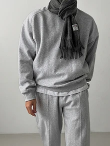 DAZY Autumn/Winter Thermal Lined Gray Floral Crew Neck Long Sleeve Ribbed Cuff & Hem Sweatshirt With Elastic Waist & Cuffed Jogger Pants Korean Style Men's Pullover Set - Grey - View 3