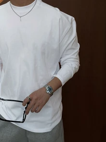 DAZY 白色男士圓領長袖休閒百搭T恤 - 白色 - 查看 7