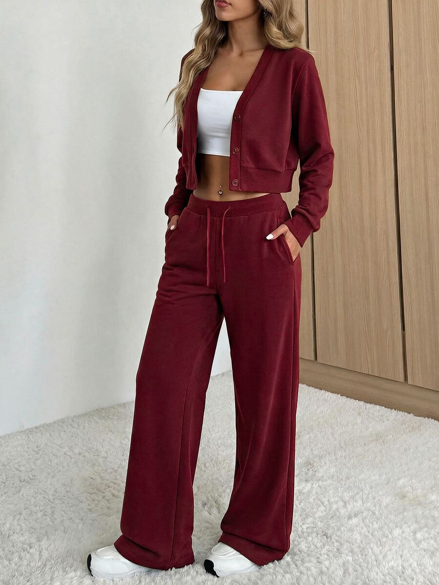 SHEIN EZwear Women's Solid Color Single-Breasted Long Sleeve Jacket And Waist Tie Pants Two Pieces Set - Burgundy - View 1