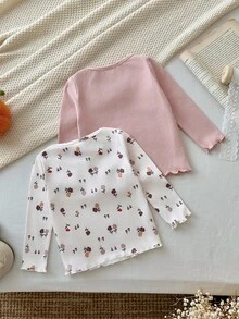 SHEIN 女嬰2件套：長袖花卉與純色上衣，適合秋冬穿著 - 彩色 - 查看 2
