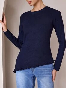 Graceveil Women's Asymmetrical Ruffle Cinched Waist Long Sleeve Sweater, Autumn/Winter - Navy Blue - View 6