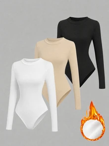 Flirla Casual Versatile Commute Vacation Thermal Lined Stand Collar 3pcs Set Women Bodysuit - Multicolor - View 1