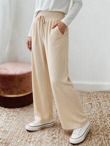 Holdful Holdful Women's Shirred Waist Ribbed Casual Long Pants For Home Wear - Apricot - View 4