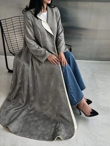 Yasmyna Women's Grey Woven Jacquard Single Lapel Contrast Color Long Sleeve Abaya - Grey - View 11