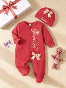 SHEIN 2件組新生女嬰連腳連身衣附帽子，甜美公主風紅色緞面蝴蝶結印花，長袖圓領，正裝生日秋季聖誕酒紅色拍照道具 - 紅色 - 查看 2