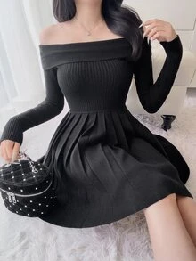FRIFUL Women's Elegant Ribbed Pleated Off-Shoulder Sweater Dress - Black - View 4