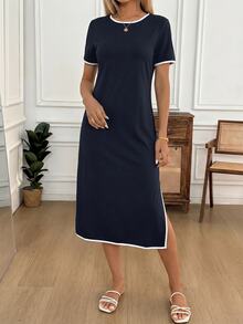 Easowa Women's Minimalist Fashion Striped Color Block Short Sleeve Side Slit Dress - Navy Blue - View 6