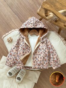 SHEIN Vintaside Kids 1件女嬰幼兒拉鍊夾克，可愛甜美粉色花卉，毛絨內裡，拉鍊長袖連帽厚款戶外冬季度假外套 - 棕色 - 查看 1
