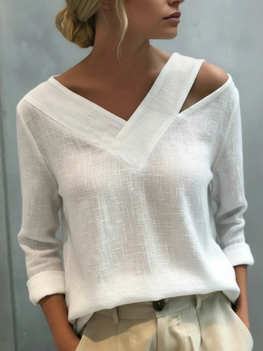 Trelyra Women's Versatile Fashion Cold Shoulder Long Sleeve Blouse For Office - White - View 1