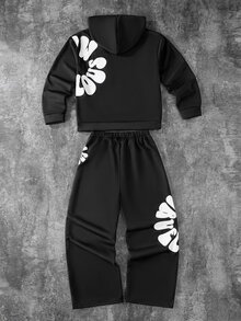2件組 男士青少年秋冬抓絨內裡加厚街頭風花卉滿版印花連帽衛衣套頭衫與直筒運動長褲套裝，適合街頭風格，中性款 - 黑色 - 查看 2