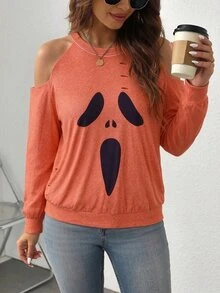SHEIN LUNE CURVE Sweatshirt Wanita Ukuran Besar Warna Oranye Kasual untuk Harian dan Liburan dengan Desain Lusuh dan Motif Bahu Terbuka serta Cetakan Hitam - Jeruk - View 3