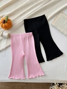 SHEIN 女嬰純色長褲套裝 2 件組－黑色與粉色－適合秋冬，隨機 2 件 - 彩色 - 查看 5