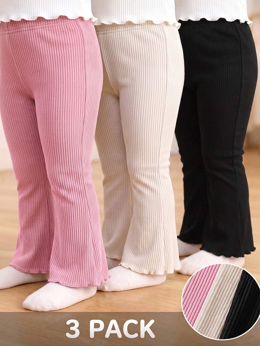 SHEIN Playful Pals 女童休閒基礎款黑色、杏色與棕色3件組高腰喇叭褲,高腰設計展現時尚感,喇叭褲腿設計增添造型元素,多色可選,為女童幼兒提供更多搭配選擇,適合日常穿著 - 彩色 - 查看 1