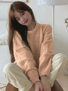DAZY 女款圓領長袖純色時尚百搭寬鬆套頭毛衣 - 卡其色 - 查看 5