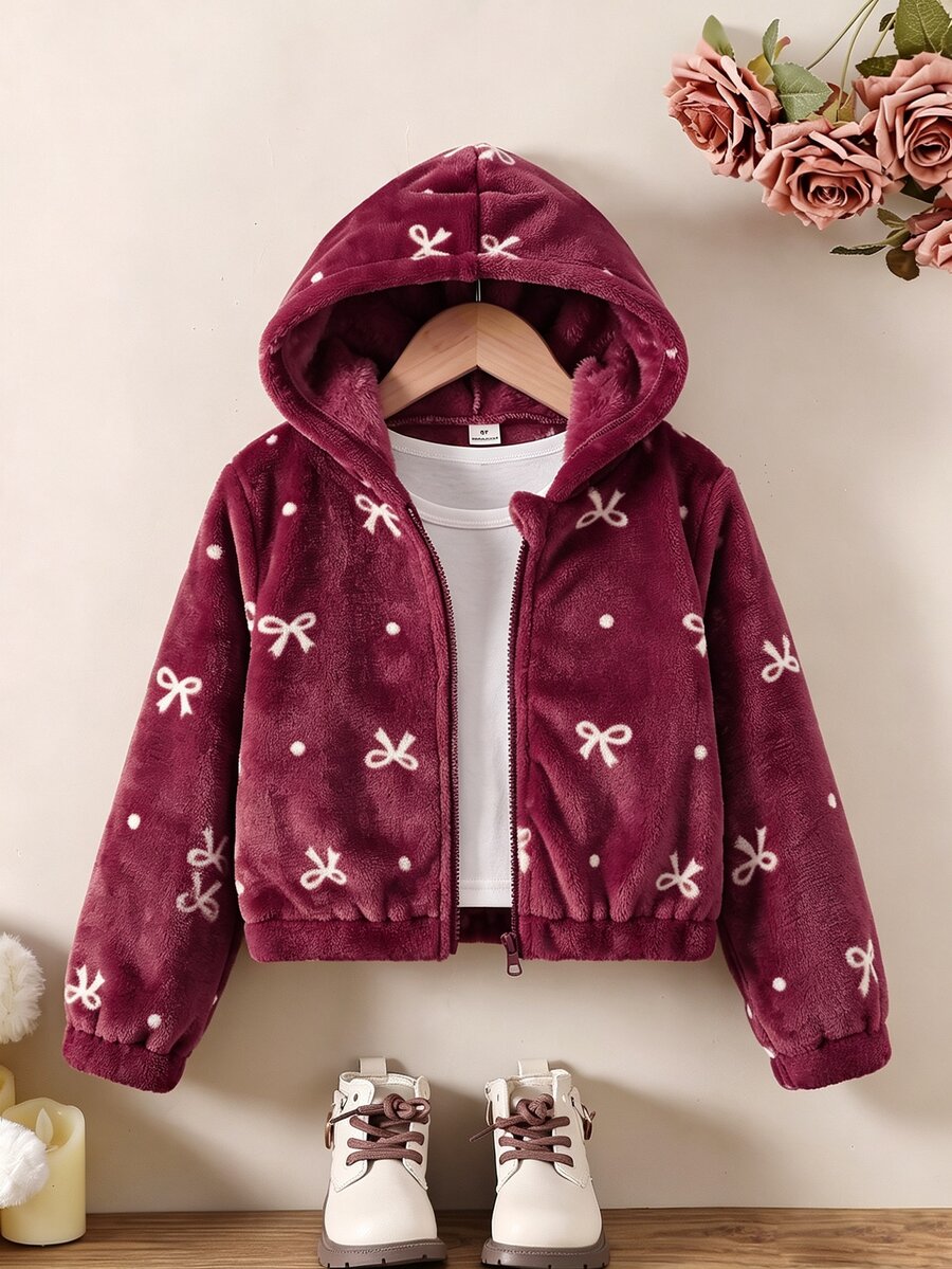 SHEIN Genkimix Kids 1件少女甜美軟萌風酒紅色外套,毛絨面料觸感柔軟,滿版白色蝴蝶結與波點印花,全連帽設計,前襟同色拉鍊方便穿脫,緊口袖口與下擺,寬鬆版型,適合日常出遊、購物、玩耍,秋冬加厚款 - 酒紅色 - 查看 1