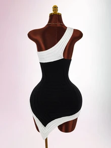 Amplova Women's Cold Shoulder Two-Tone Asymmetrical Hem Sweater Dress - Black and White - View 3