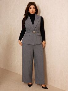 Elaquor Plus Size Women's Lapel Sleeveless Vest And Long Pants Suit 2 Pieces Set - Grey - View 7