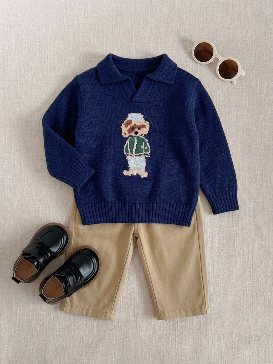 LMoss Kids Baby Boy Knitted Cute Bear Pattern Letter V-Neck Cardigan Sweater - Multicolor - View 1