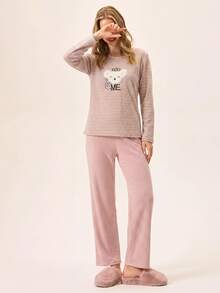 Loomlin 2pcs Contrast Colour Striped With Cute Koala Embroidery Detail PJ Set - Multicolor - View 3