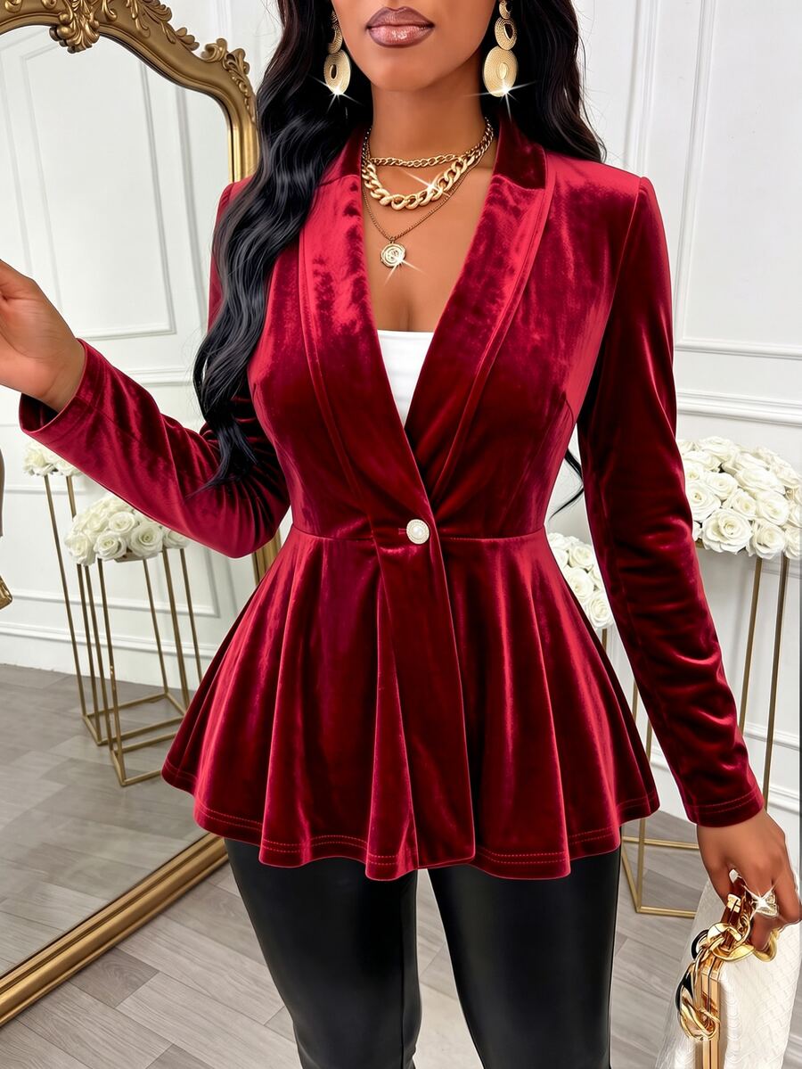 SOLERSUN Women's Velvet Lapel Single Button Flared Peplum Hem Long Sleeve BlazerDaily Leisure Perfect Vacations And Parties - Red - View 1