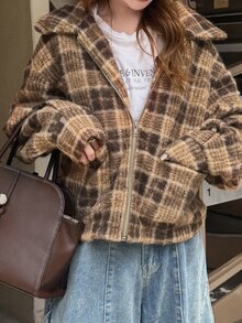 FRIFUL Women's Vintage Plaid Pocket Zipper Long Sleeve Jacket - Grey - View 4