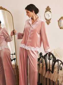 Côtesoire Contrast Lace Trim Velvet Pajama Set - Dusty Pink - View 5
