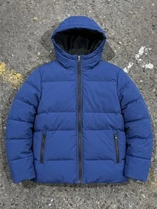 SHEIN 男童戶外運動保暖舒適簡約拉鍊純色防污黑色加厚外套 - 藍色 - 查看 9