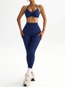 SHEIN Dewbera Women's Polka Dot Print Halter Neck Tank Top & High Waist Tight Leggings Sports Set - Navy Blue - View 4