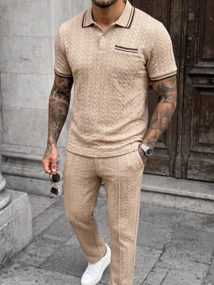 Manfinity CasualCool Men's Colorblock Short Sleeve Polo Shirt And Long Pants Casual Daily Outfit - Khaki - View 1