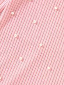 Young Girl Pink Rib-Knit Beaded Pearl Dress Autumn Winter Mock Neck Long Sleeve Sweater Dresses - Pink - View 5