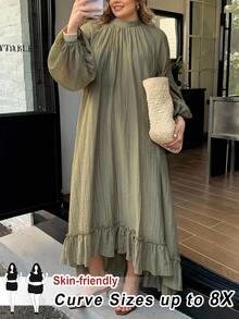 SHEIN CURVE+ 大尺碼女款純色百褶休閒派對洋裝 秋季 - 軍綠色 - 查看 7