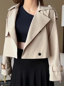 Dazy Plus Lapel Long Sleeve Solid Color Korean Style Trench Coat Jacket - Khaki - View 3