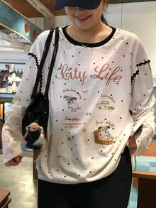 Dazy Plus Letter Print Cartoon Pattern Loose Fit Korean Style Long Sleeve White T-Shirt - White - View 4