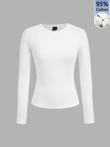 SHEIN EZwear 3件組女款素色圓領長袖休閒T恤 - 白色 - 查看 3