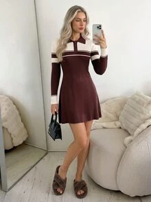 Easowa Women's Fashion Striped Colorblock Long Sleeve Sweater Dress - Brown - View 5