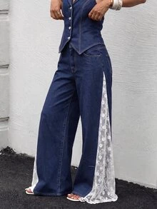 Sweetra Women's Single-Breasted Halter Neck Top And Long Pants Casual Everyday Denim Set - Blue - View 7