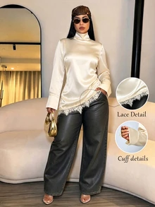 SOLERSUN Plus Size Satin High Neck Long Sleeve Blouse Asymmetrical Lace Office Brunch Date Daily Streetwear - Apricot - View 1