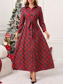 Editum Women's Fashion Plaid Button Long Sleeve Vacation Dress - Red - View 1