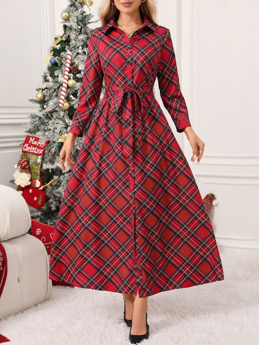 Editum Women's Fashion Plaid Button Long Sleeve Vacation Dress - Red - View 1