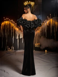 Glamrae Elegant Black Velvet Bandeau (Detachable Two Pieces Set) Contrast Color Exaggerated 3D Pleats Train Flounce Heavy Embellishment Evening Gown - Black - View 2