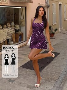 SHEIN PETITE 女款波點掛脖短洋裝 - 紫色 - 查看 8