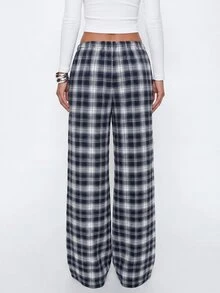 Avantive Women's Plaid Pattern Loose Casual Long Pants - Navy Blue - View 2